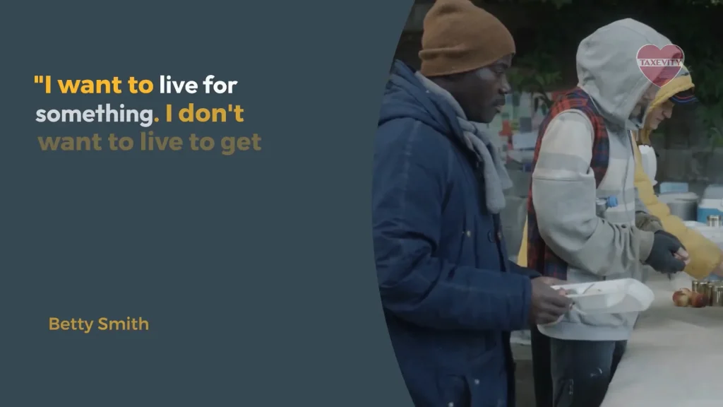 People in the cold lining up for food provided through philanthropy.
