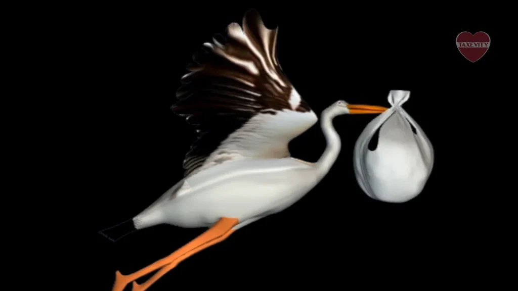 A white stork is flying with an insurance policy delivery bag.