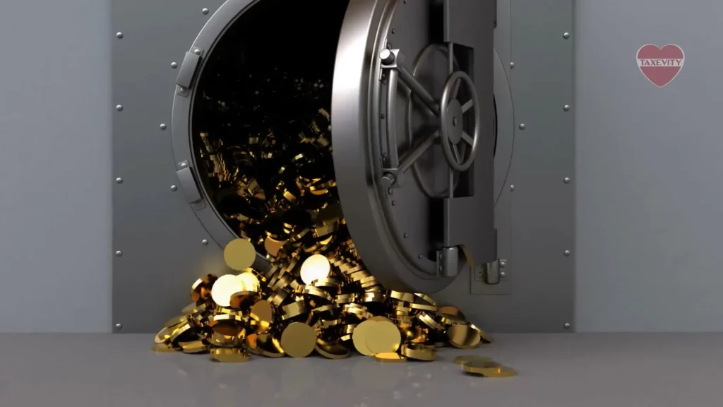 A philanthropic bank vault filled with gold coins falling out of it.