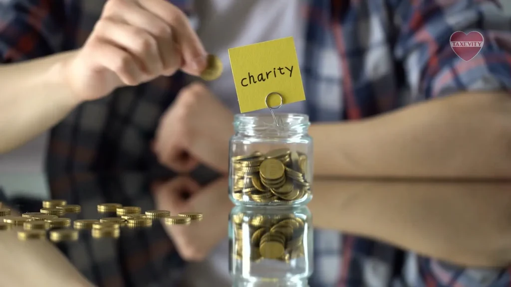 Demonstrating philanthropy by generously placing coins into a jar labeled charity.