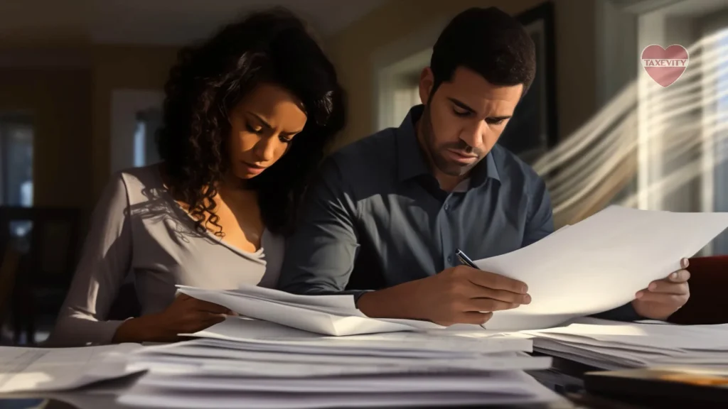 A man and woman sitting at a table looking at papers, discussing insurance options during Financial Literacy Month.