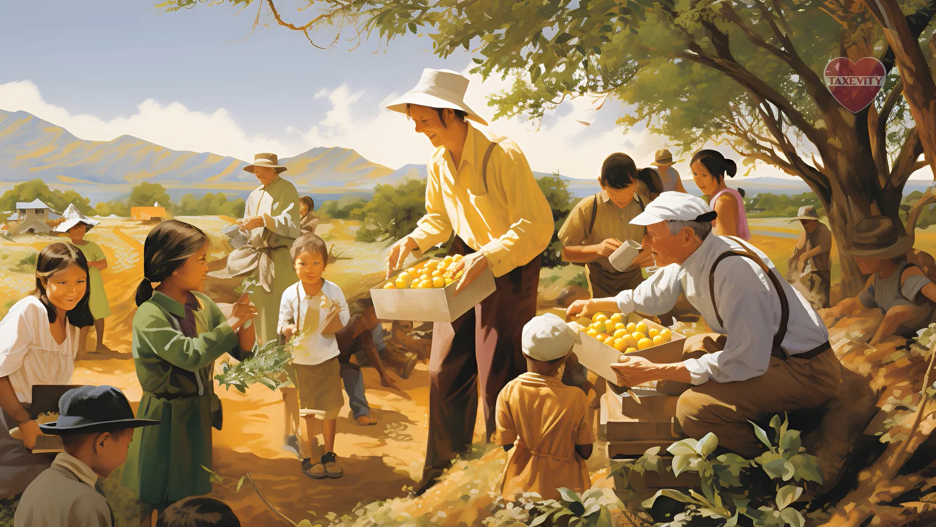 A philanthropic painting portraying Henry Ward Beecher's style of sharing with a group of people.