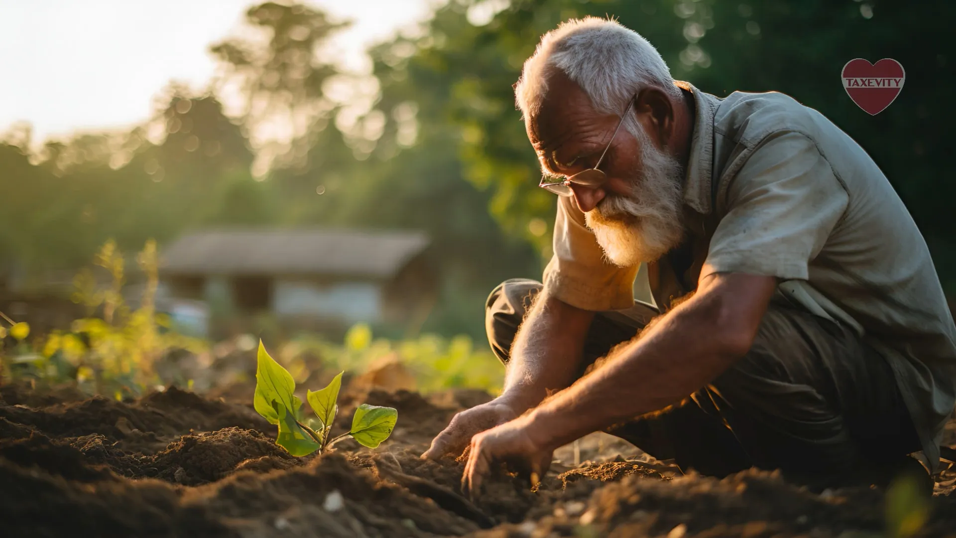 An old farmer engaging in philanthropy by planting in a field for others.