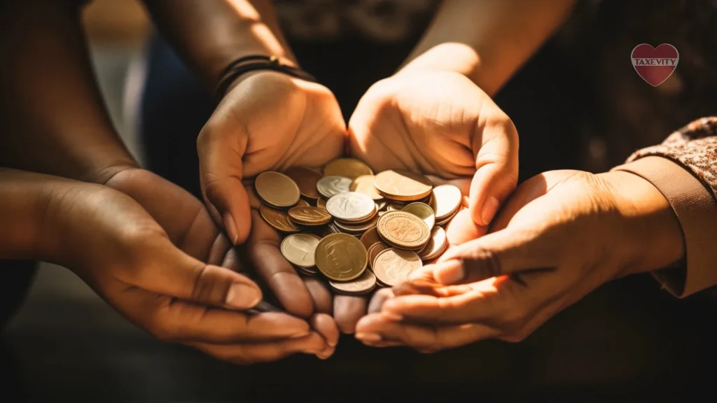 A group holding coins in their hands, inspired by Jan De Hartog's start their philanthropy, even if small.