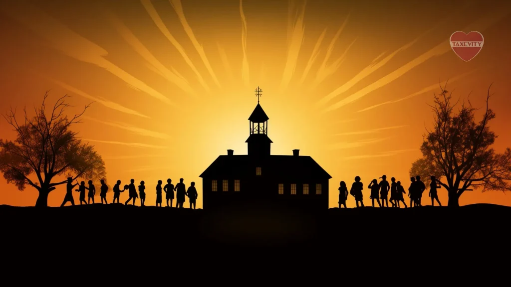 Silhouettes of people standing in front of a school at sunrise, reflecting on Horace Mann's educational reform efforts and the importance of charitable estate planning.