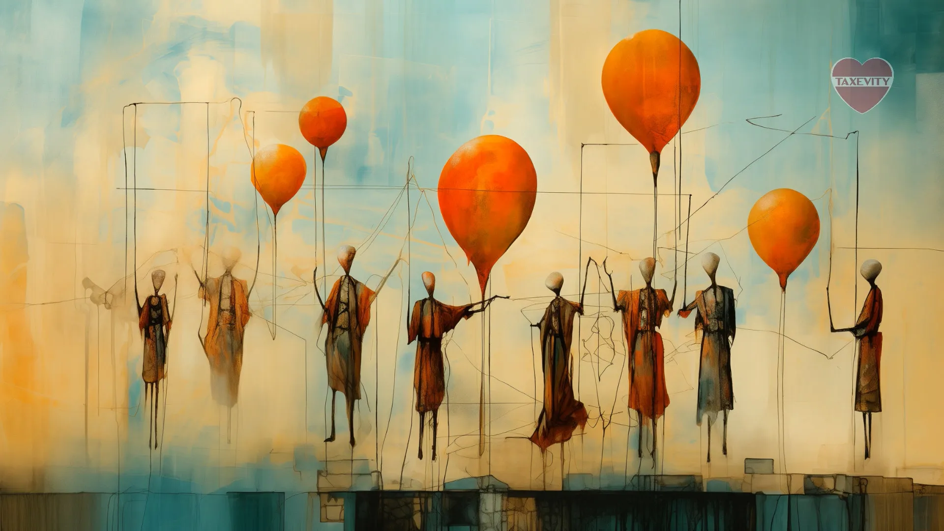 A painting of people uplifted by orange balloons, representing the Joanna Lumley charitable giving legacy.