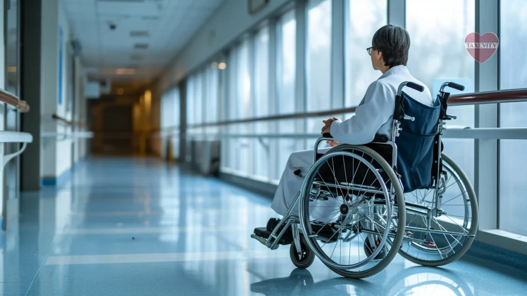Doctor sitting in a wheelchair in a hospital hallway, highlighting the importance of disability insurance for physicians.
