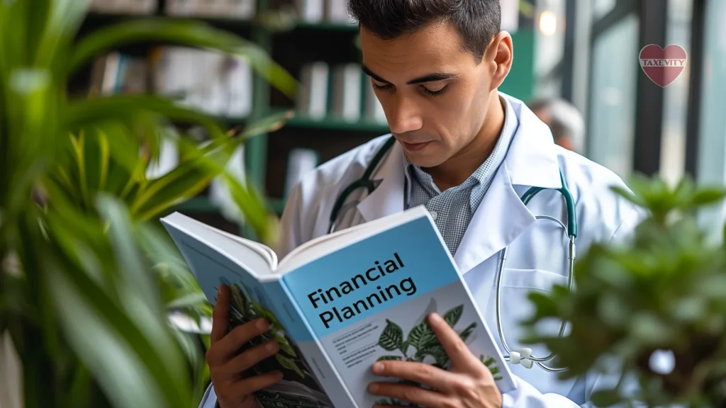 A doctor reading a book about financial planning for physicians.