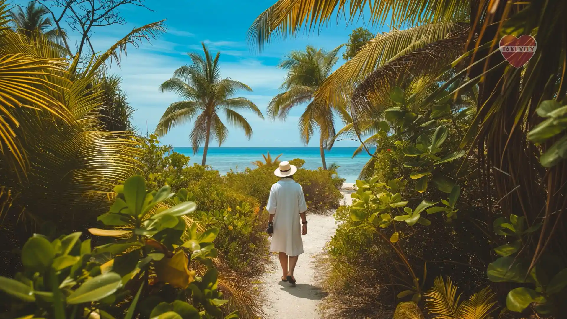 A retired physician walking down a sunny path to a tropical beach, thanks to retirement planning