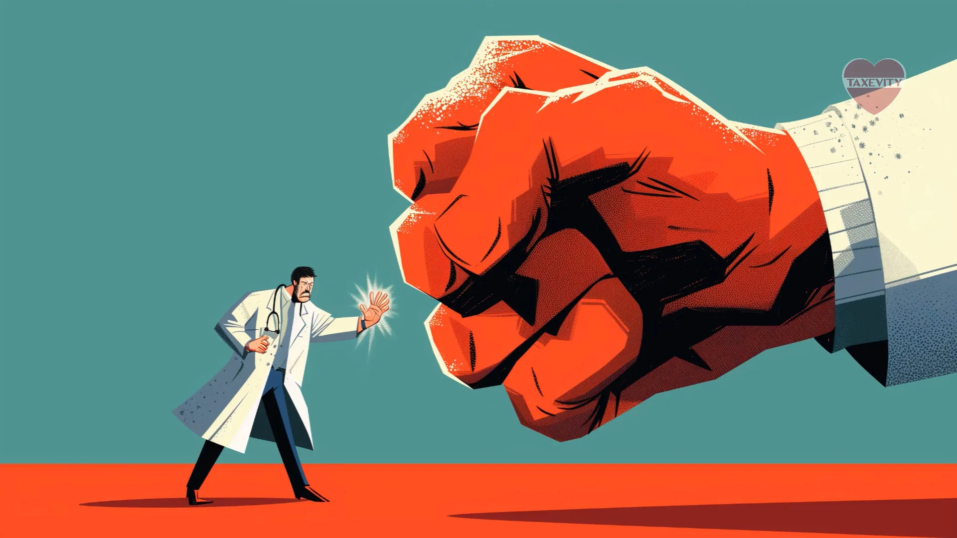 An illustration of a determined physician fighting back a large fist symbolizing tax.