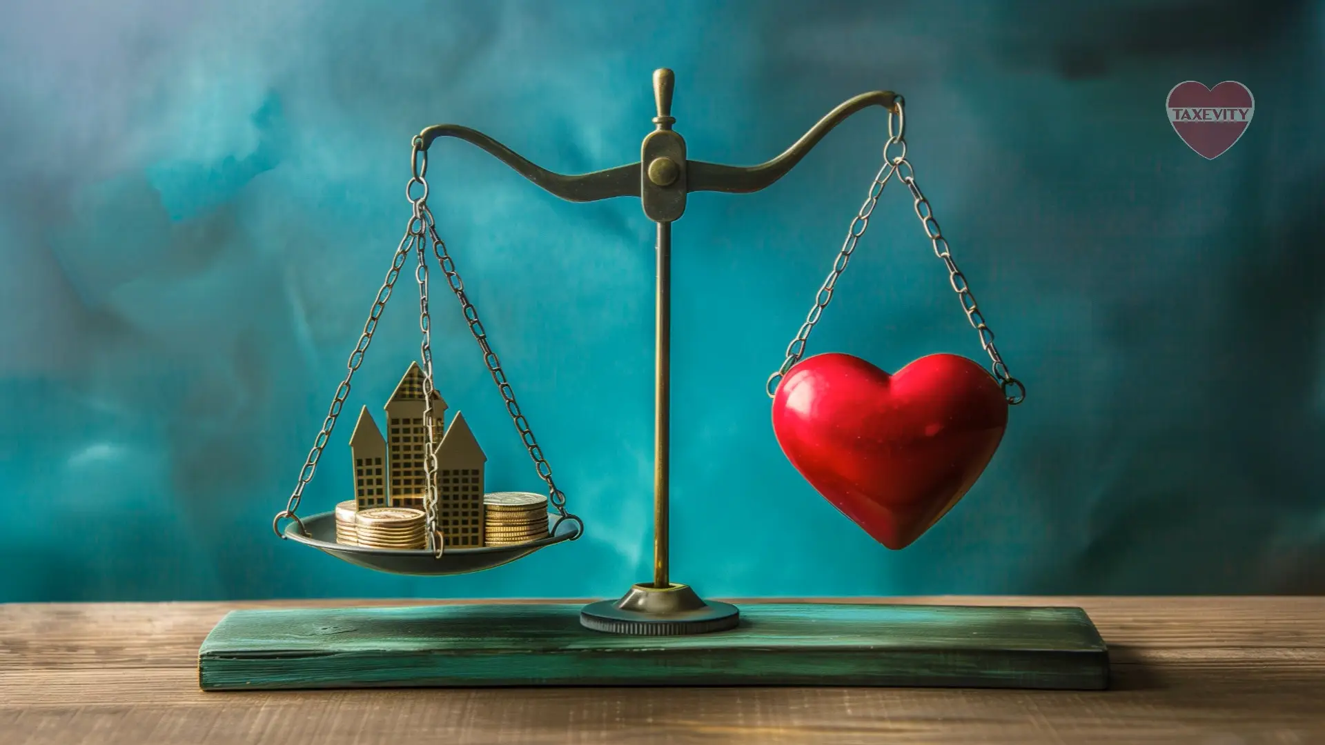 A scale with assets on one side and a heart on the other, representing the balance in small business philanthropy between financial wealth and social good.