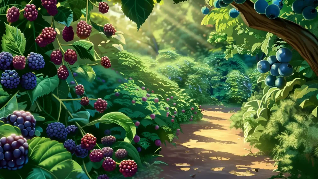 Lush garden with overflowing berries, symbolizing wealth and abundance.