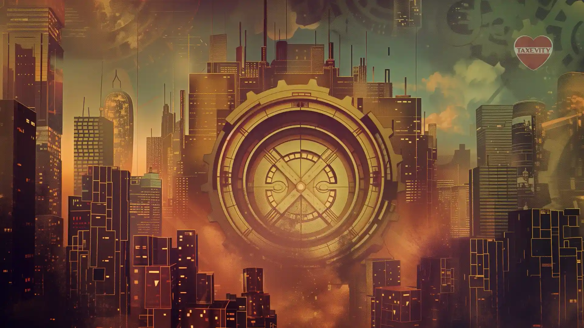 A steampunk-inspired image of a large, round vault door with an X symbol, set against a cityscape background. The image conveys the idea of financial security and infinite possibilities.