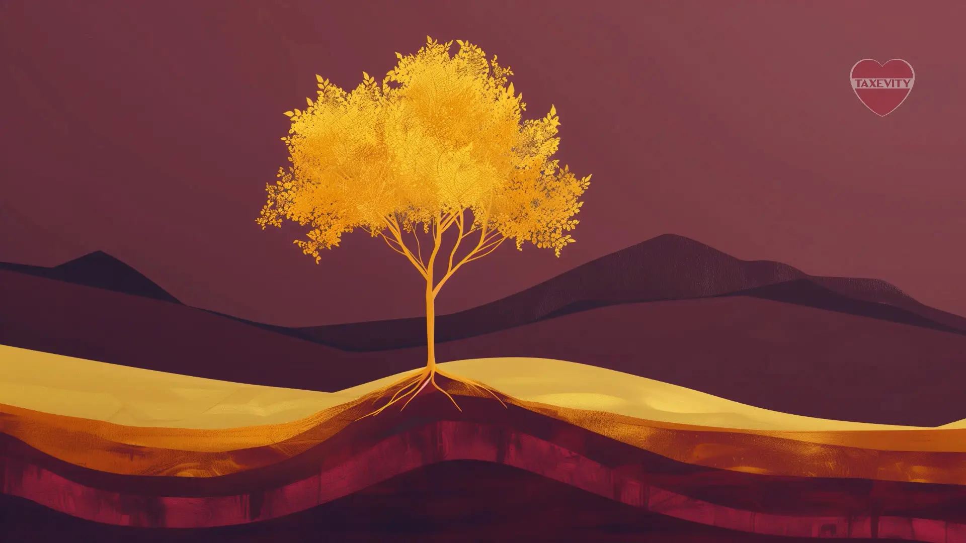 A golden tree with deep roots stands tall on a hilltop in a purple landscape, symbolizing the growth potential and financial security of infinite banking.