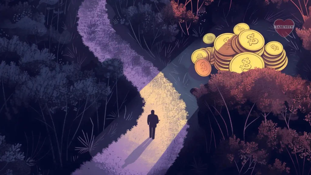 A person walks on a sunlit path through a forest. The path forks, with one branch brightly illuminated and the other leading towards a hidden pile of gold coins, symbolizing the choices and opportunities in personal financial planning with infinite banking.