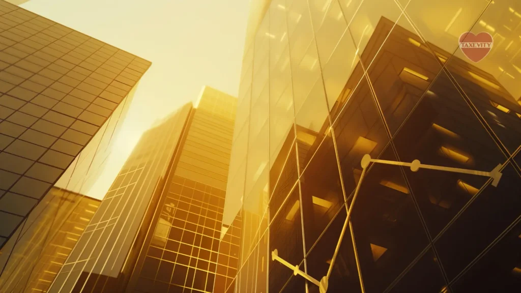 A modern skyscraper with a financial graph reflected on its glass facade, hinting at both the financial aspirations and potential tax pitfalls faced by Canadian-controlled private corporations.