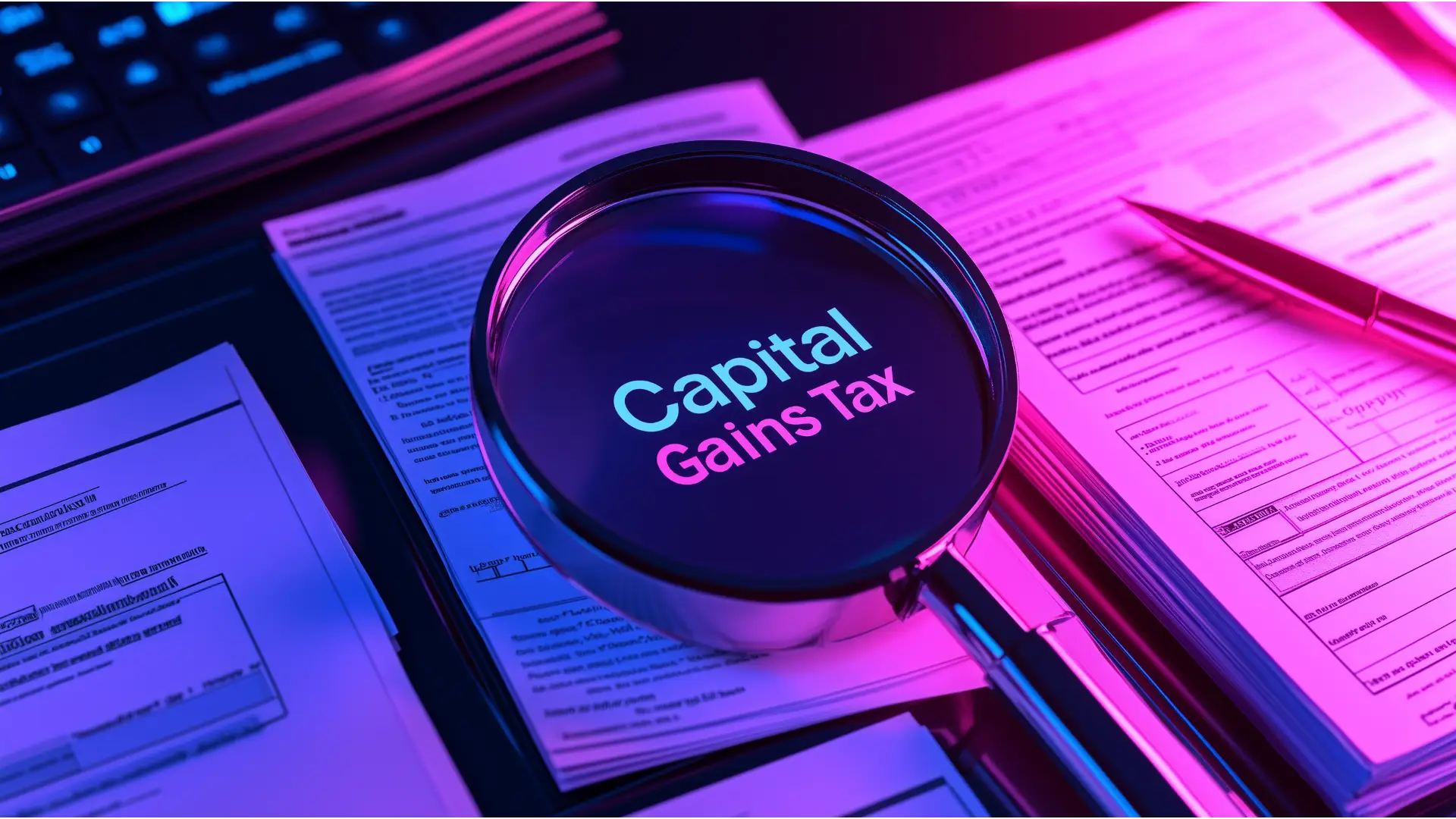 Magnifying glass on 'Capital Gains Tax' text, highlighting tax strategies for Canadian business owners.