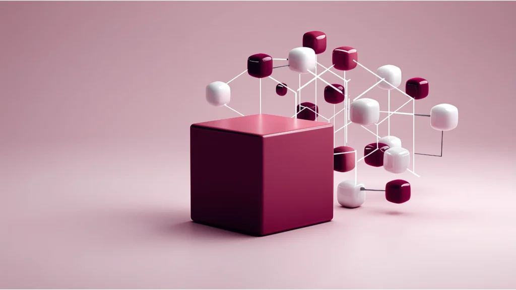 Minimalist 3D graphic showing a solid plum cube connected by lines to a network of smaller shapes, representing the IFA strategy linking whole life insurance to real estate investments.