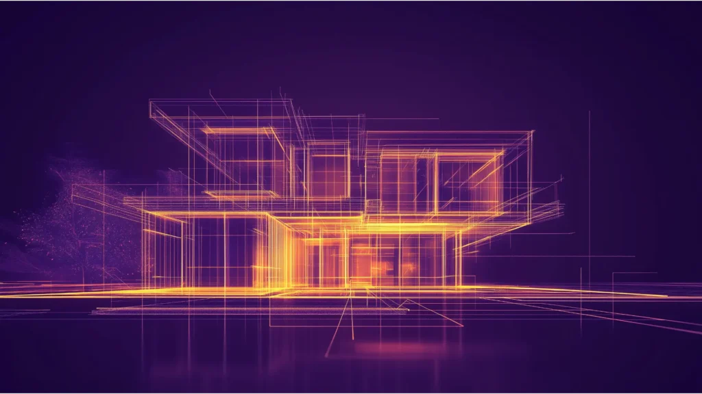 Stylized architectural blueprint of a modern house with a glowing foundation representing secure mortgage protection insurance.