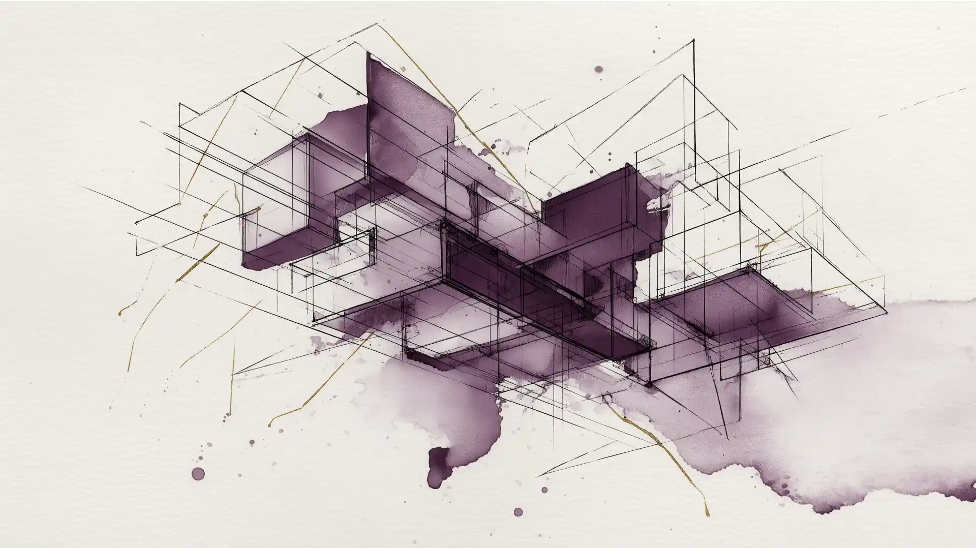 Abstract ink wash illustration in Taxevity brand colors (rich plum, dark aubergine) depicting layered geometric forms and structures, symbolizing strategic financial architecture for corporate clients regarding interest deductibility.