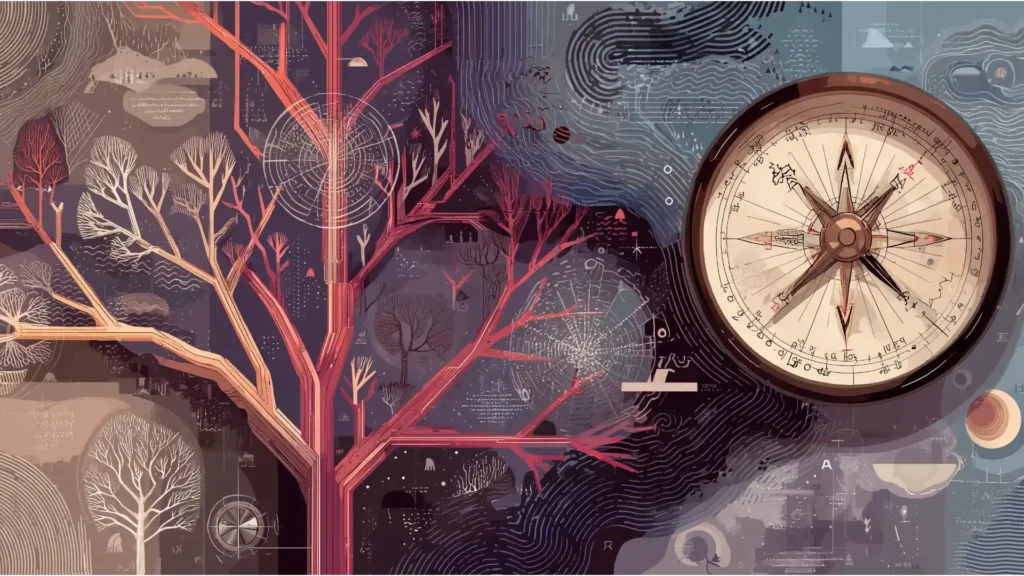 Abstract image for IFA suitability, featuring a stylized tree with branching paths and a compass, symbolizing a physician's financial planning journey and strategic decision-making.