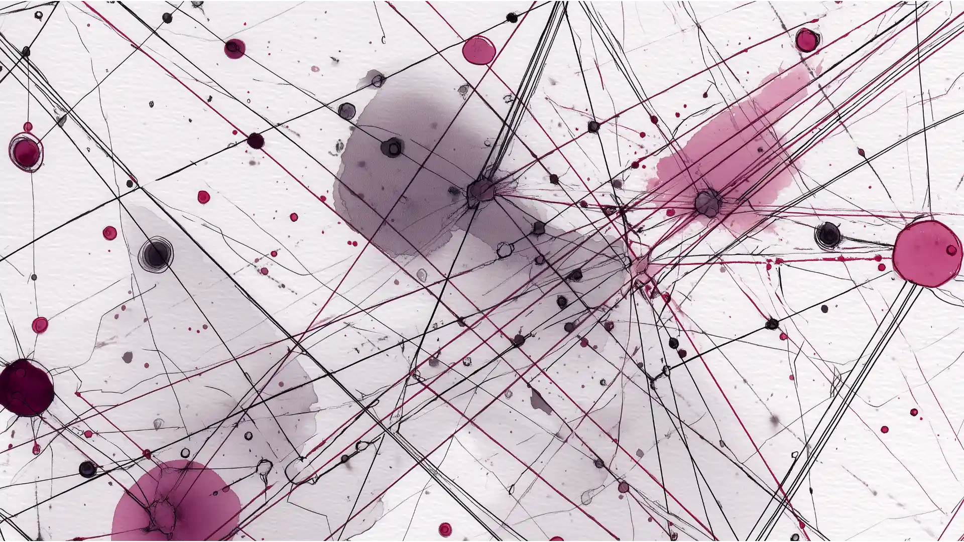 Abstract ink wash and precise line art illustration in Taxevity brand colors, featuring a dense network of dark lines and Rich Plum nodes, symbolizing technical analysis for accountants on interest deductibility.