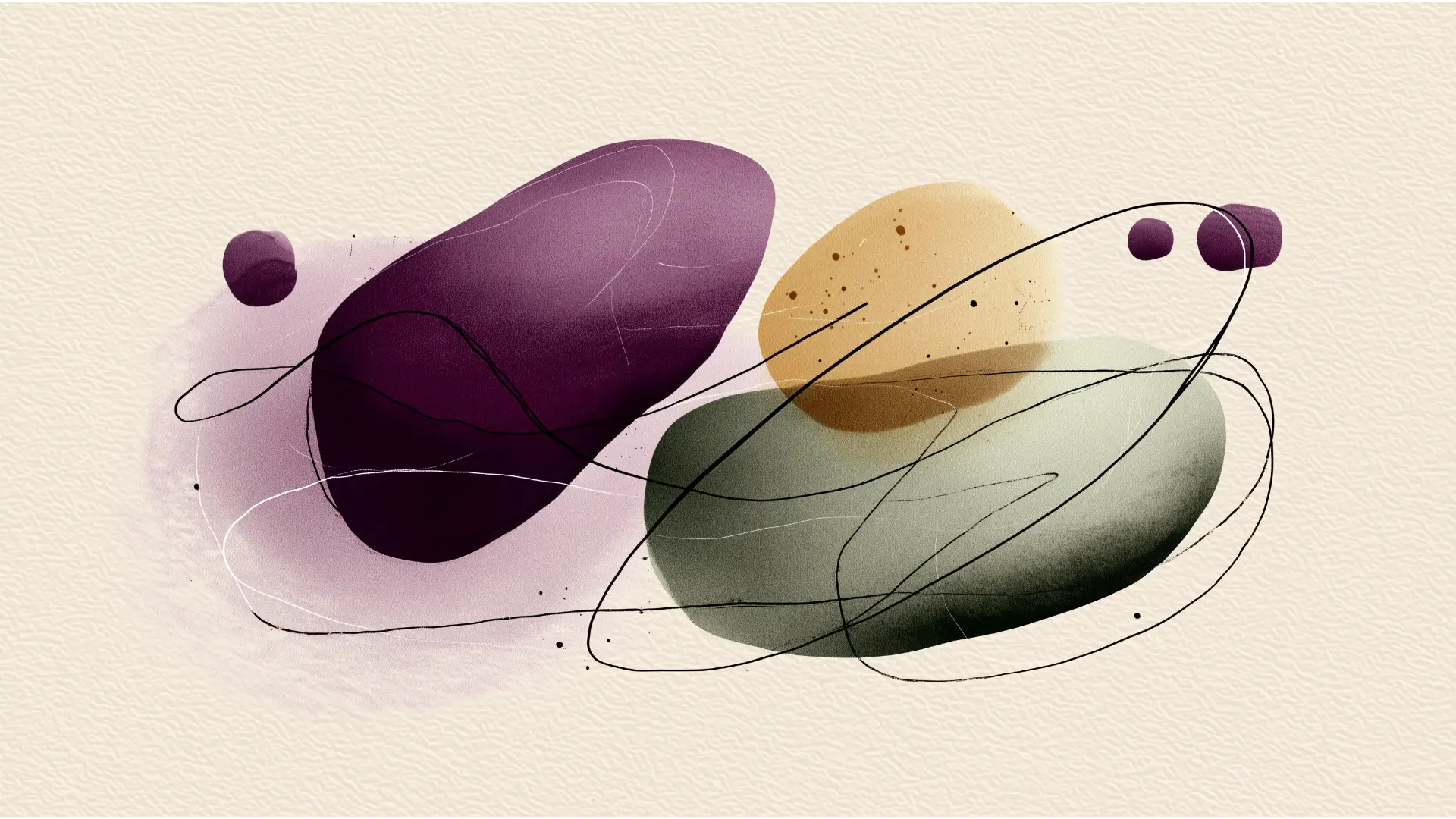 Abstract ink wash and line art illustration in Taxevity brand colours (rich plum, sage green, mauve mist) featuring two soft, harmonious shapes interacting, symbolizing strategic partnership and guidance for wealth advisors on interest deductibility.