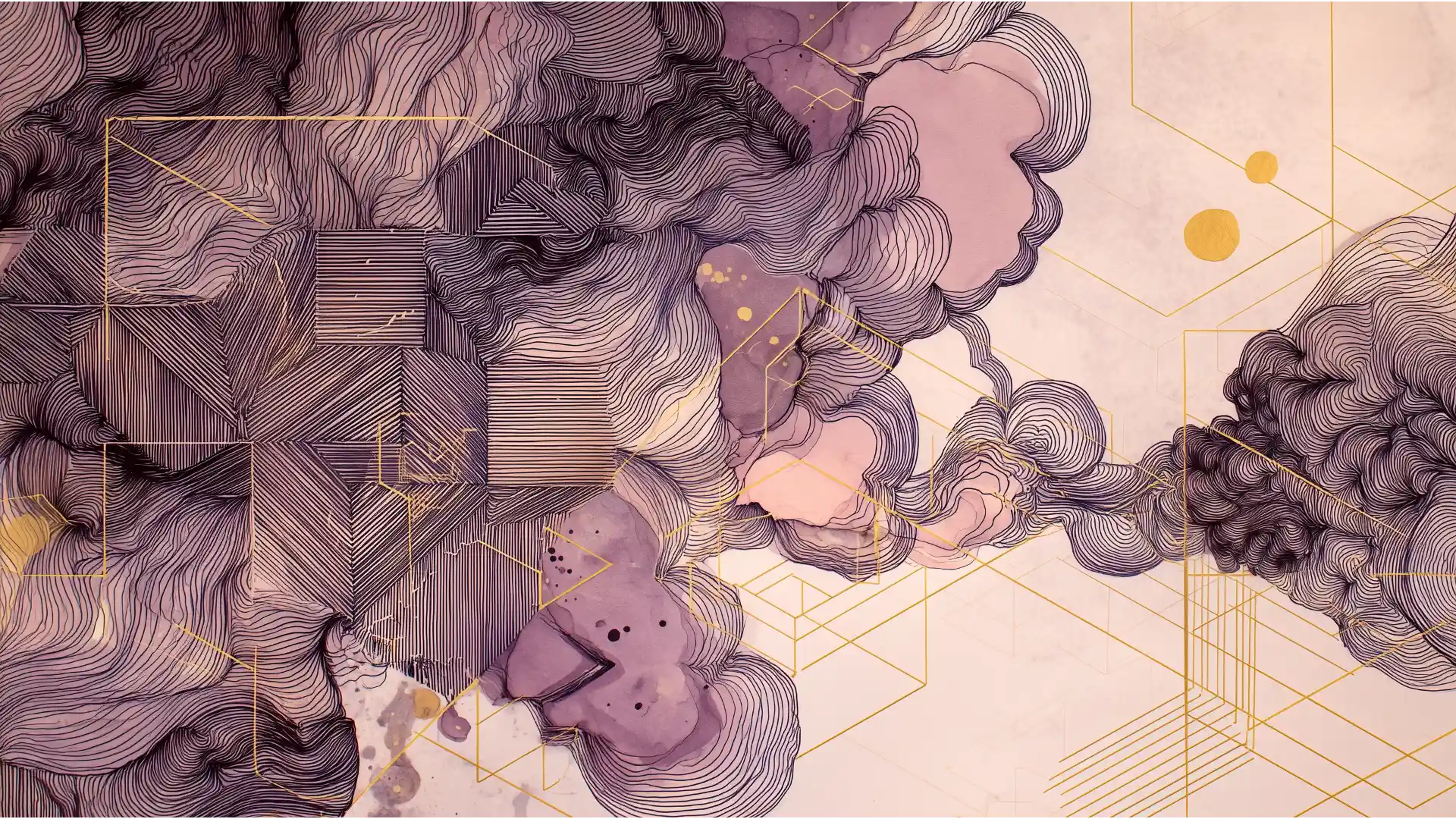 Abstract ink wash and line art in Taxevity colors, showing a fusion of Rich Plum organic forms with a precise Honey Gold geometric matrix, symbolizing strategic interest deductibility for physicians' medical professional corporations.