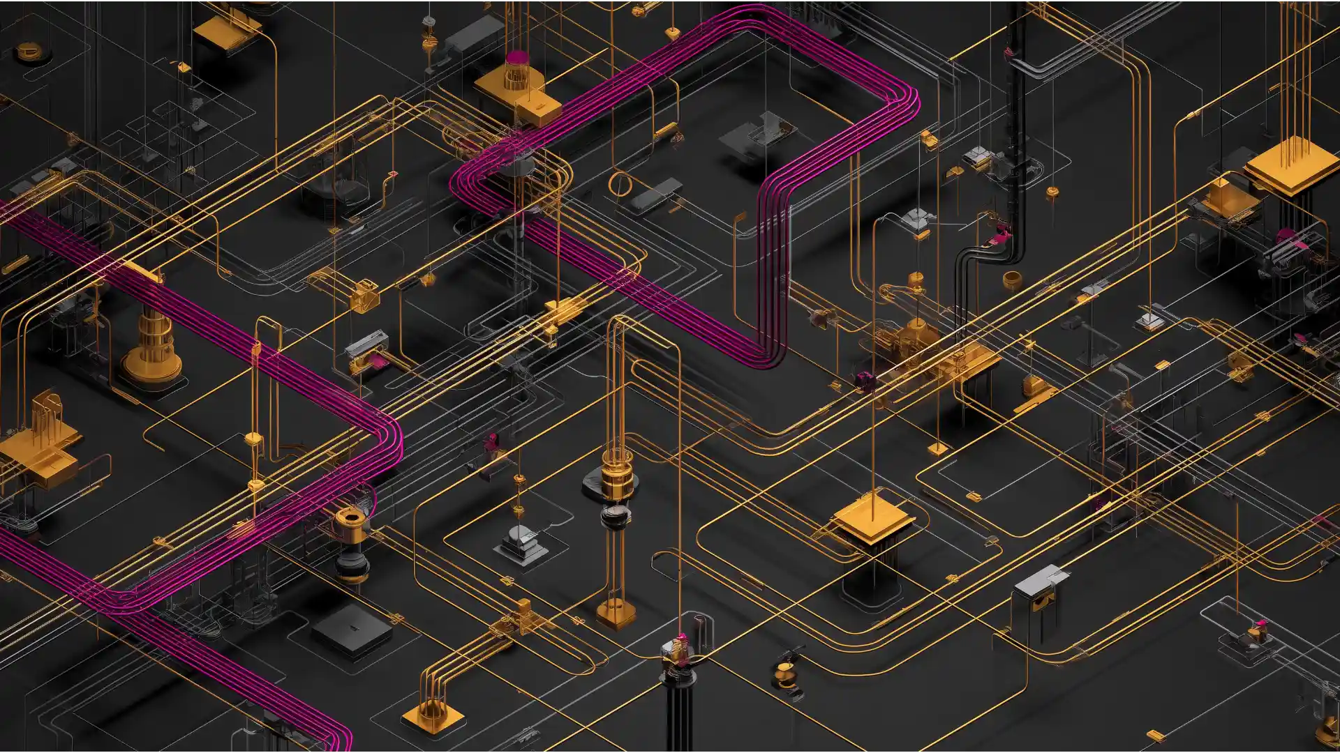 An abstract architectural schematic of a complex network diagram in gold and plum, representing capital allocation and investment growth pathways.