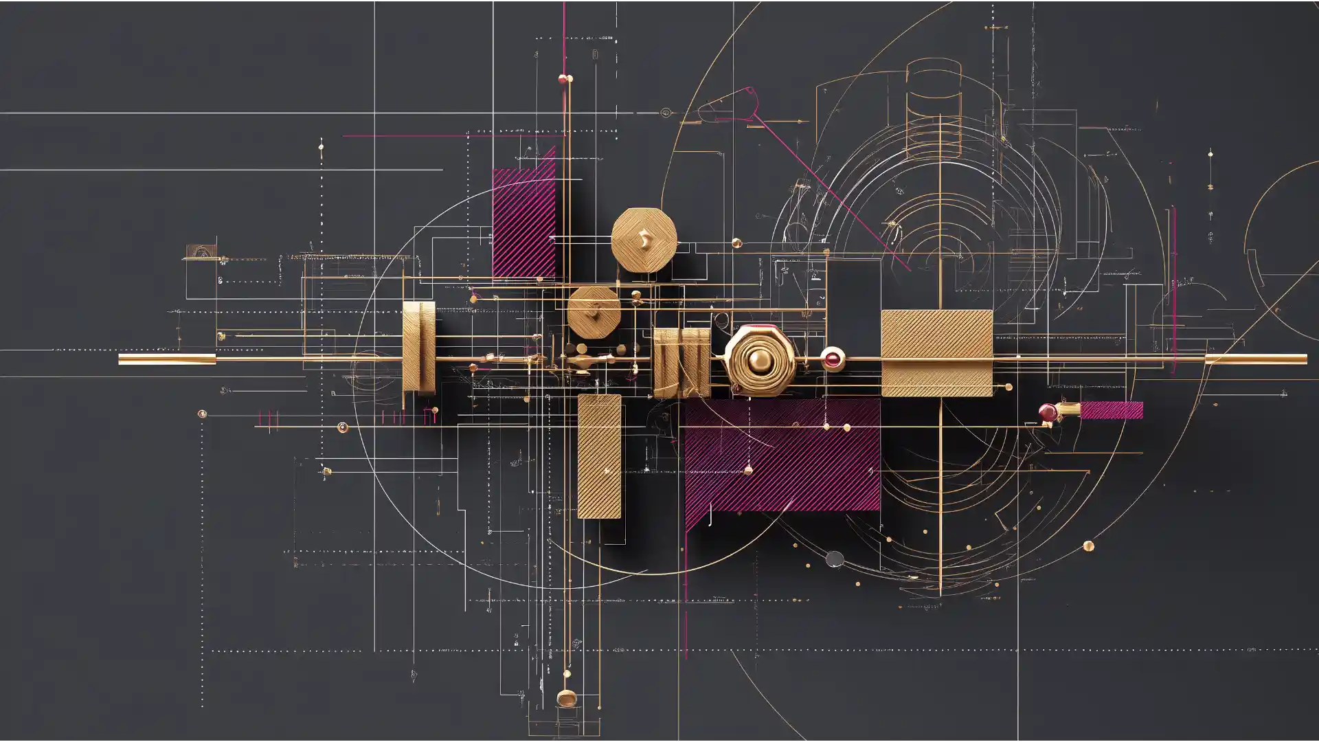 An abstract architectural schematic of a complex, balanced kinetic sculpture in gold and plum, representing financial equilibrium and risk management.