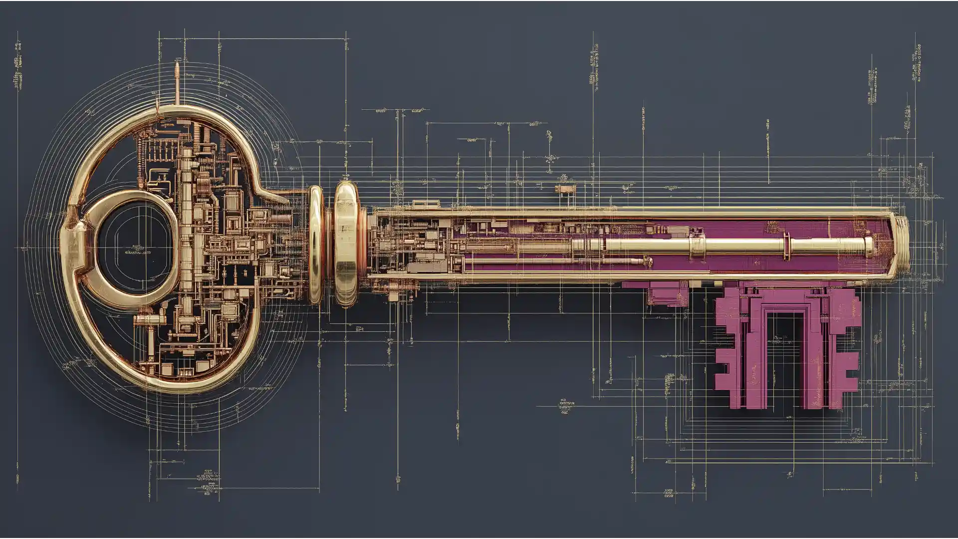 An abstract architectural schematic of an intricate key in gold and plum, representing unlocking financial potential.