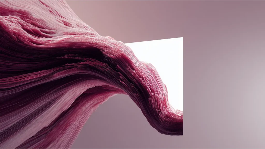 Abstract 3D visualization of credit risk, showing a powerful, flowing wave of plum-colored particles abruptly stopping as it hits a solid white plane.