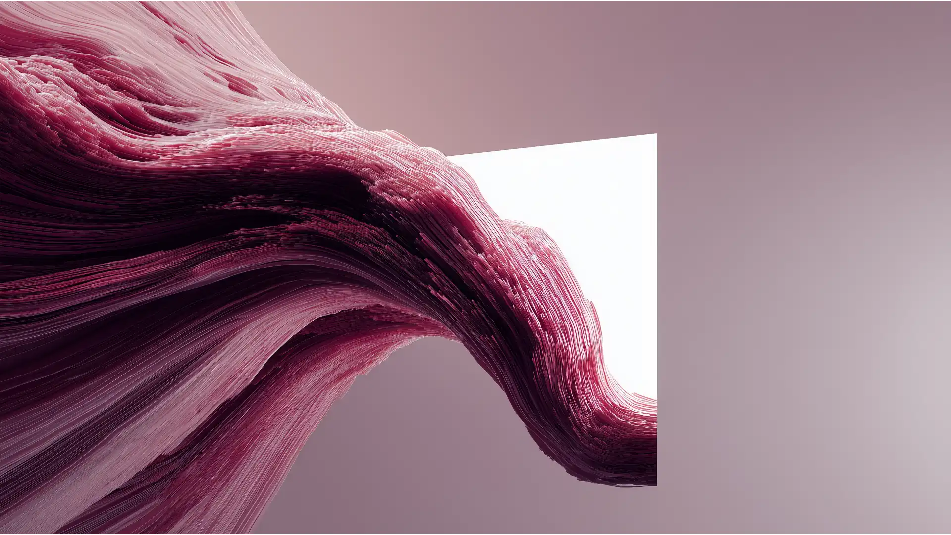 Abstract 3D visualization of credit risk, showing a powerful, flowing wave of plum-colored particles abruptly stopping as it hits a solid white plane.