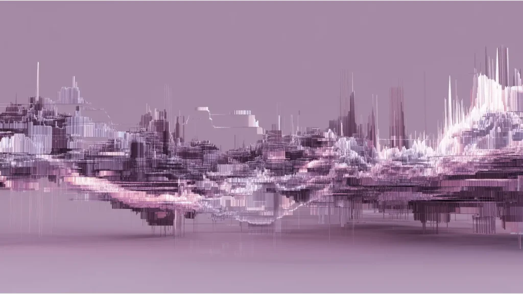 Abstract 3D data visualization of a digital landscape in shades of plum, where one side appears stable and the other is fragmenting and dissolving, representing a foundational flaw in a financial structure.