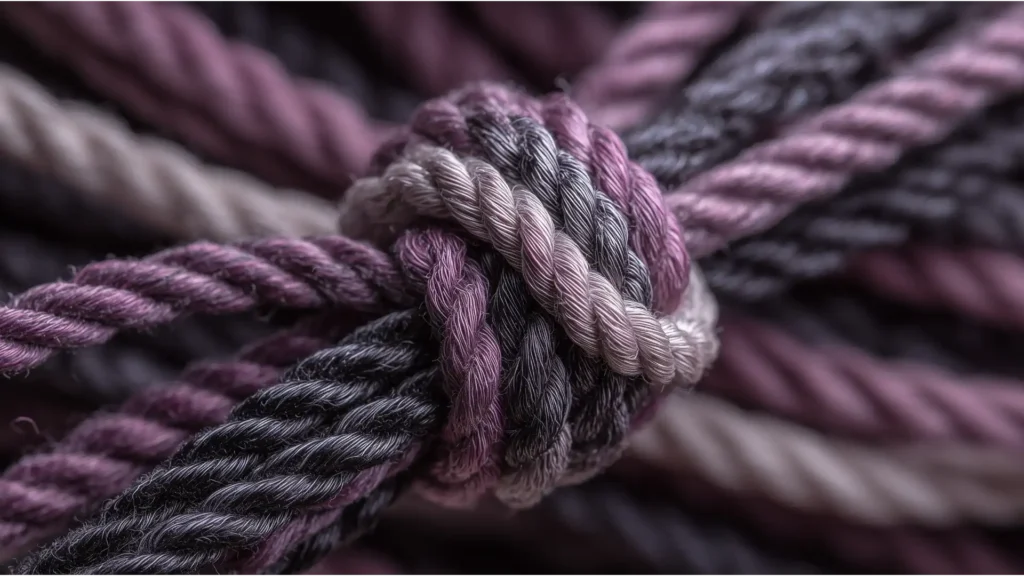 A close-up photograph of a secure constrictor knot in rich plum and grey, tightly binding multiple threads together to represent an accountant's role in ensuring financial compliance and security.