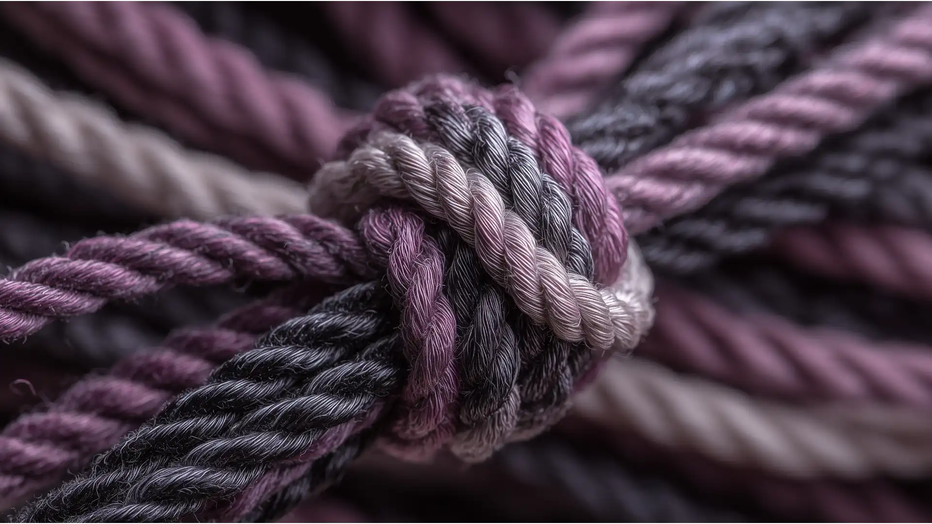 A close-up photograph of a secure constrictor knot in rich plum and grey, tightly binding multiple threads together to represent an accountant's role in ensuring financial compliance and security.