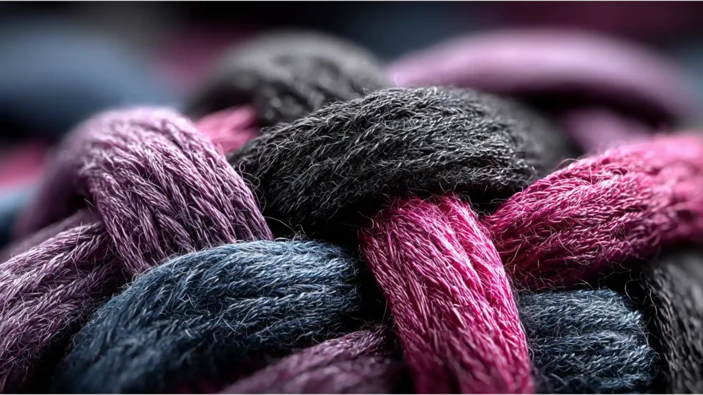 A detailed macro photograph of a complex, sturdy fabric woven from thick threads in rich plum, dark grey, and pale plum colors, representing the integration and strength of a financial advisory team.