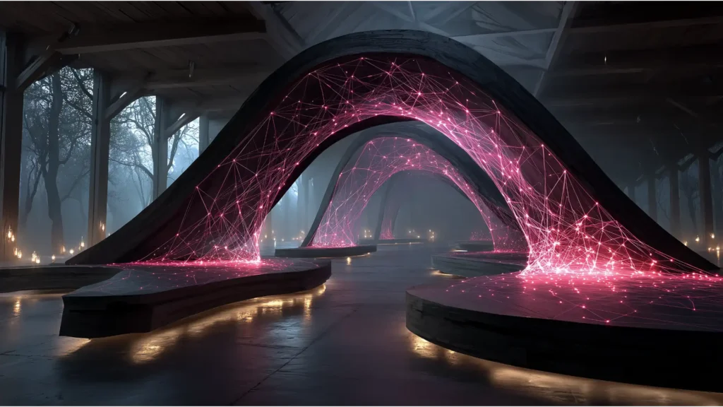 An abstract architectural archway in a dark, atmospheric hall, made of glowing plum and blue particles, representing a foundational financial model.