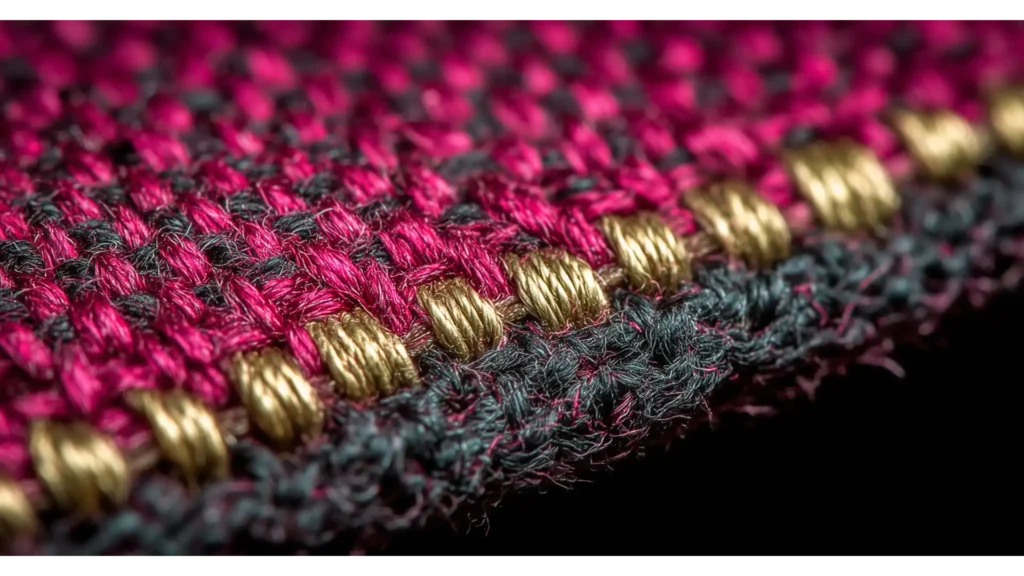 A macro photo showing the reinforced selvage edge of a textile, with a tight grey and gold weave protecting the main plum-colored fabric, symbolizing a strong legal framework.