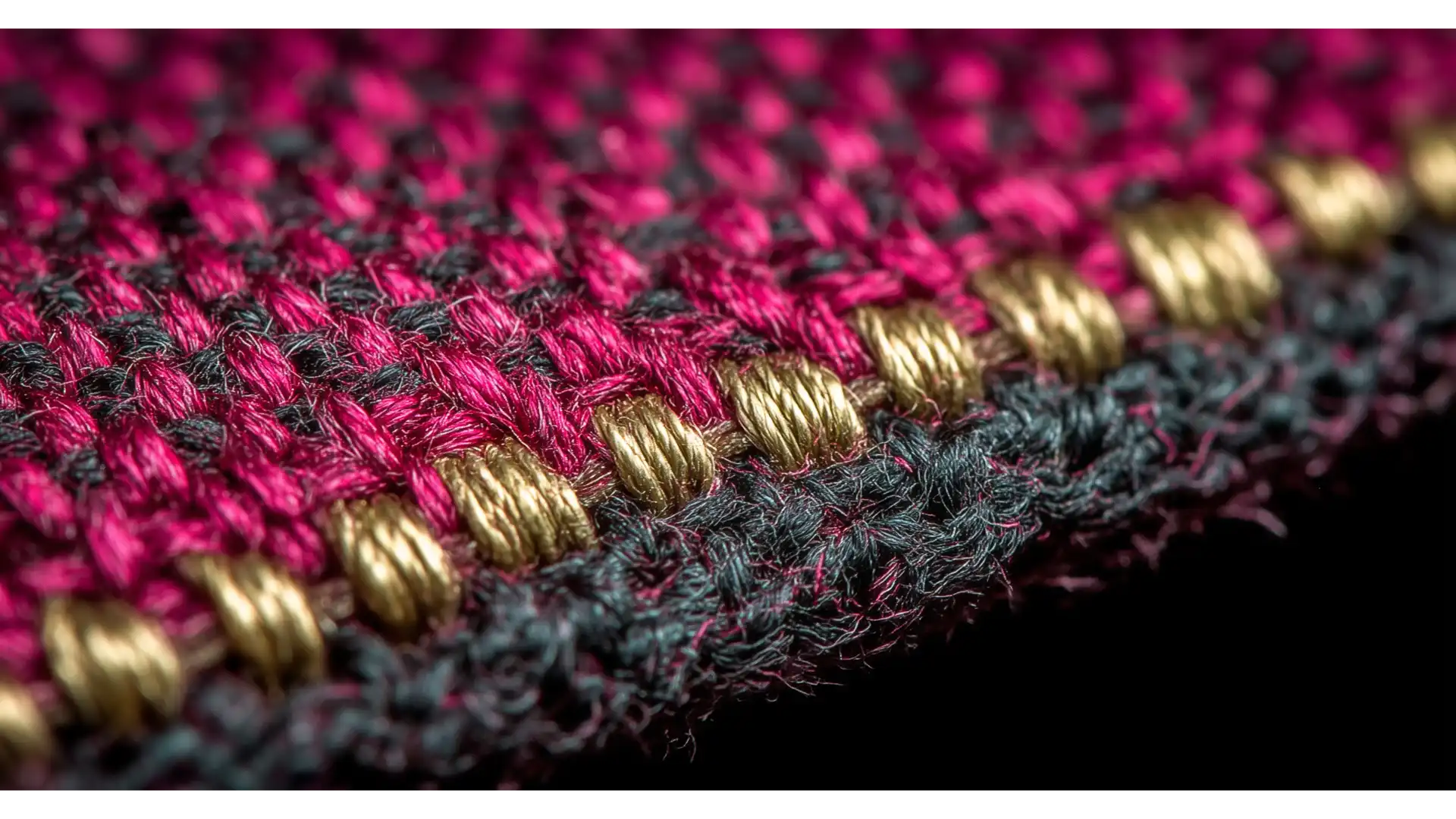 A macro photo showing the reinforced selvage edge of a textile, with a tight grey and gold weave protecting the main plum-colored fabric, symbolizing a strong legal framework.