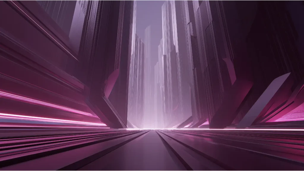 A futuristic architectural landscape with pink and purple lines of light rushing forward between massive opening gates towards a brilliant central breakthrough.