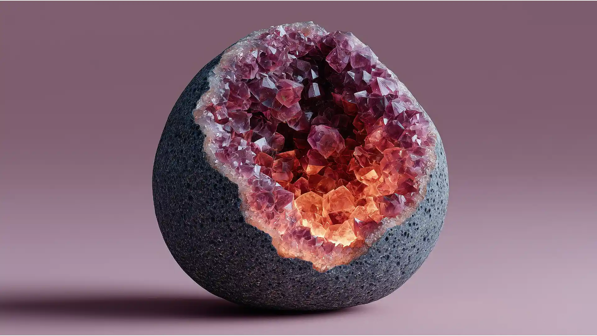 A spherical geode with a matte grey exterior is cracked open, revealing a glowing core of rich plum-colored crystals, symbolizing trapped corporate wealth being unlocked.