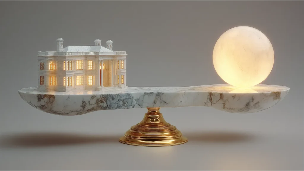A minimalist sculpture of a marble balancing scale. On one side is an intricate model of a building, representing an illiquid family business. On the other is a glowing sphere, representing the liquid capital from an IFA-funded insurance policy, creating perfect equity.