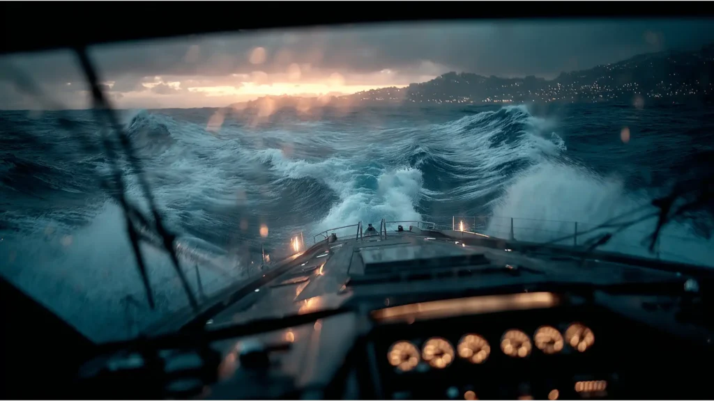 View from the helm of a sophisticated yacht navigating a stormy sea at night. The calm, illuminated controls contrast with the chaotic waves, symbolizing the disciplined mindset required for a leveraged financial strategy.