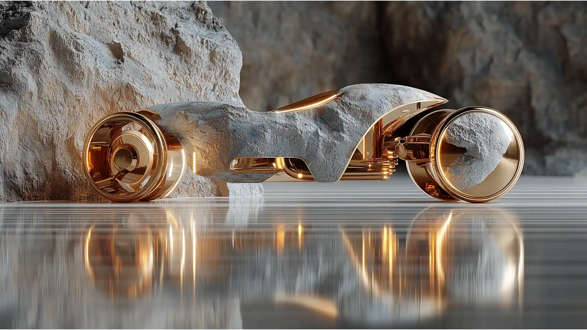 An abstract, gold, all-weather vehicle navigating a split landscape, with calm water in the foreground and a rocky terrain behind, symbolizing the resilience of an IFA strategy through different economic climates.