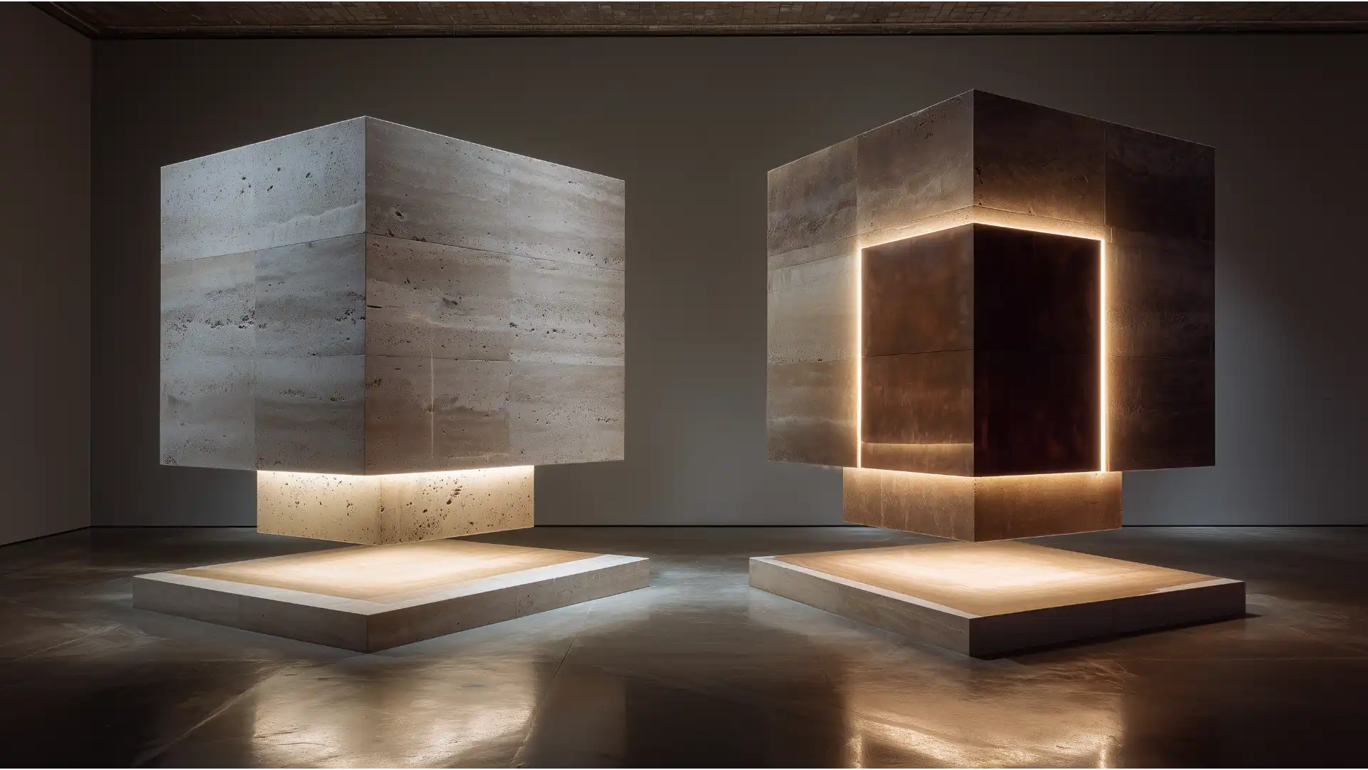 Abstract architectural art of two large, minimalist stone pillars. One pillar is solid and stable, representing the Insurance Pillar of an IFA, while the other is illuminated from within, representing the Lending Pillar.