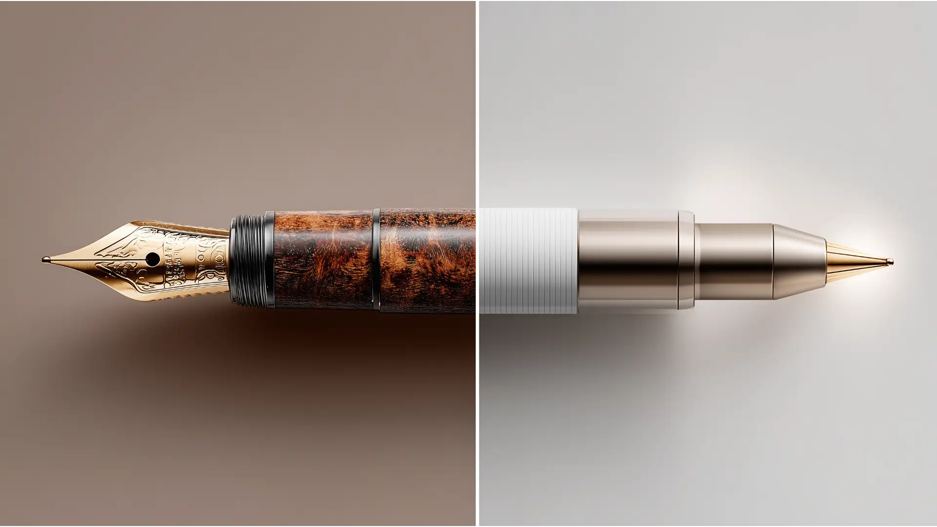 A diptych image comparing writing tools. The left panel shows an ornate, classic fountain pen, representing a legacy life insurance policy. The right panel shows a sleek, modern digital pen, representing a new, purpose-built policy.