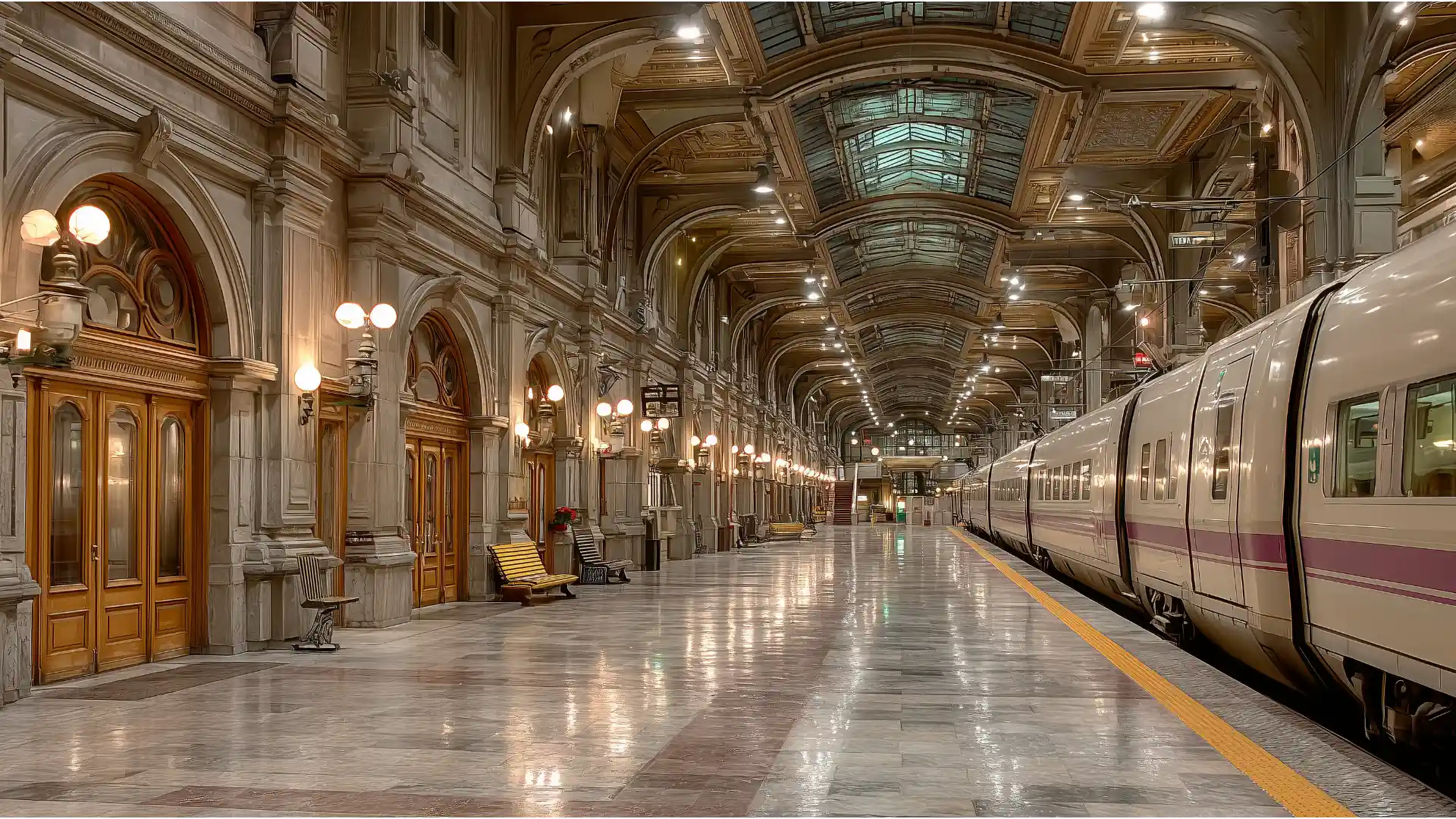 Interior of a grand train station comparing two platforms. The empty, classical platform on the left represents the powerful but decommissioned 10-8 strategy, while the modern train on the right represents today's active IFA.