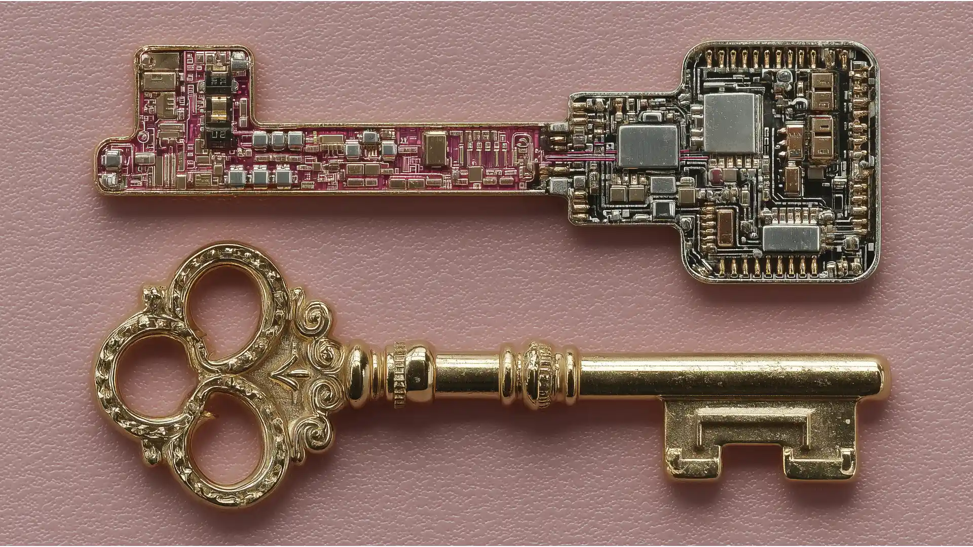 A classic, ornate gold key and a modern key made of a circuit board are displayed side-by-side, symbolizing the choice between a traditional HELOC and a complex IFA.
