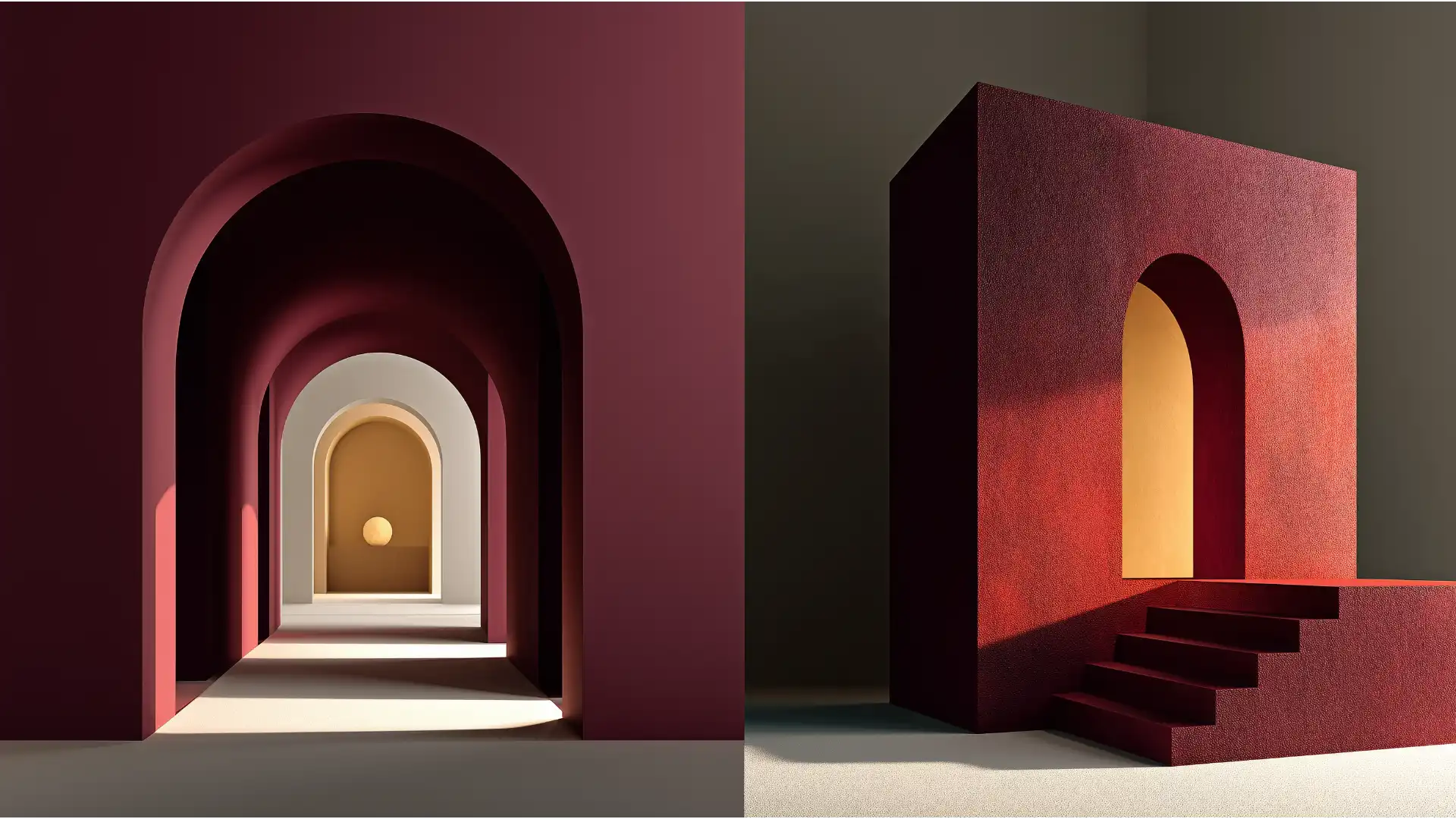 Abstract architectural image comparing two concepts. A solid, powerful monolith in a rich plum color represents the Infinite Banking Concept, contrasting with an adjoining structure that implies the team-based Immediate Financing Arrangement.